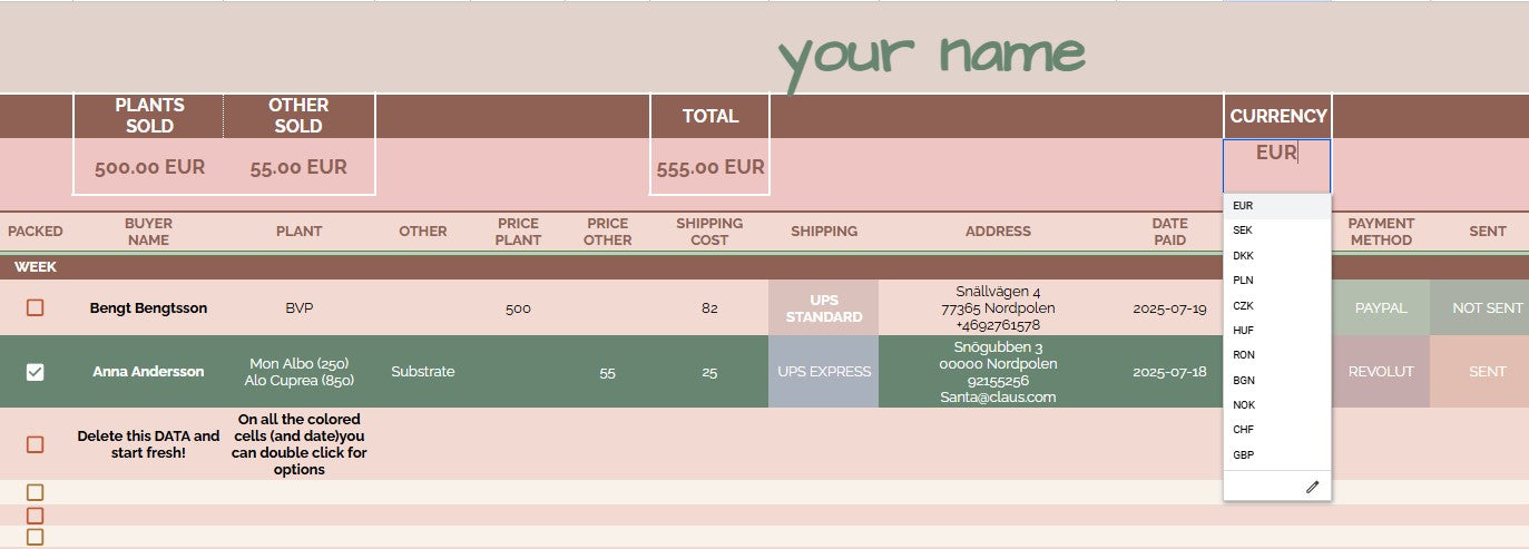 Plant Sales Tracker Pink | Weekly Google Sheets Business Template